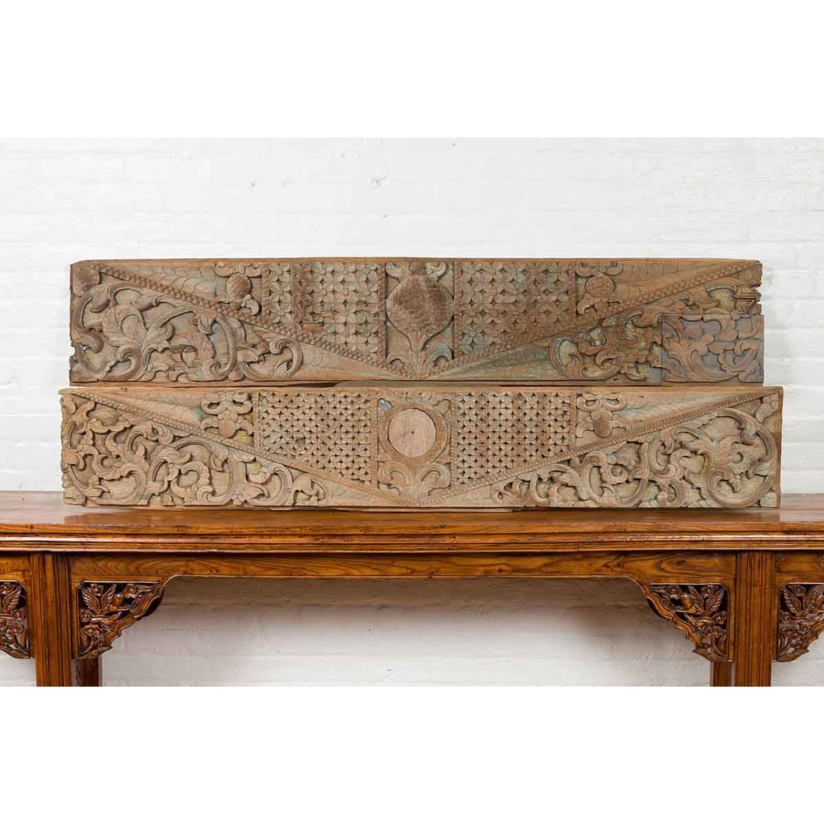 Pair of Indonesian Antique Carved Wood Overdoor Panels with Traces of Blue Paint-2. Asian & Chinese Furniture, Art, Antiques, Vintage Home Décor for sale at FEA Home