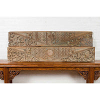 Pair of Indonesian Antique Carved Wood Overdoor Panels with Traces of Blue Paint