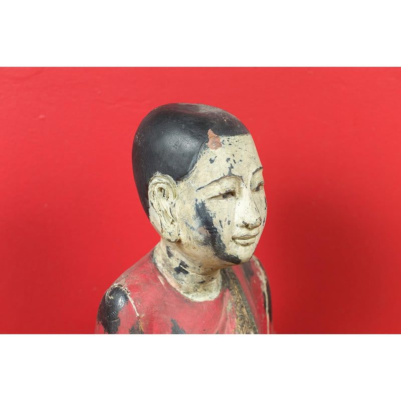 Thai Carved and Painted Wooden Monk Statue with Dispelling of Fear Gesture-YN6935-4. Asian & Chinese Furniture, Art, Antiques, Vintage Home Décor for sale at FEA Home