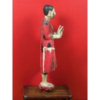 Thai Carved and Painted Wooden Monk Statue with Dispelling of Fear Gesture