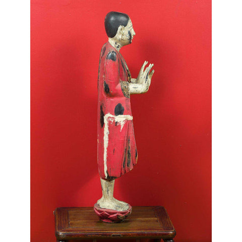 Thai Carved and Painted Wooden Monk Statue with Dispelling of Fear Gesture-YN6935-13. Asian & Chinese Furniture, Art, Antiques, Vintage Home Décor for sale at FEA Home
