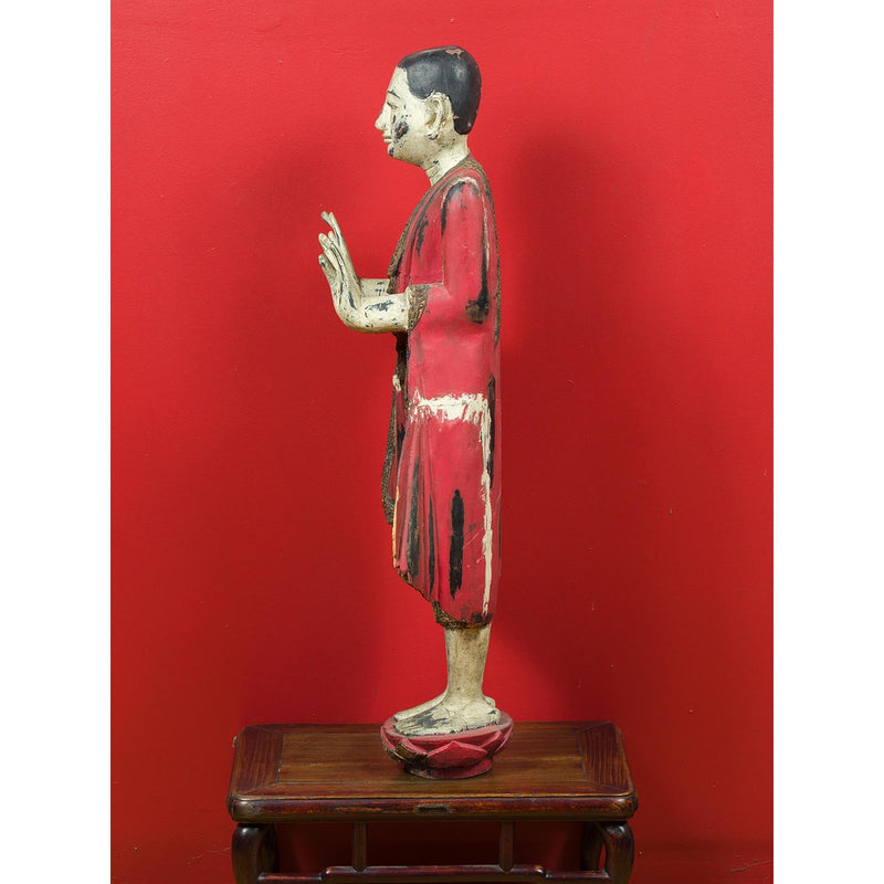 Thai Carved and Painted Wooden Monk Statue with Dispelling of Fear Gesture-YN6935-14. Asian & Chinese Furniture, Art, Antiques, Vintage Home Décor for sale at FEA Home
