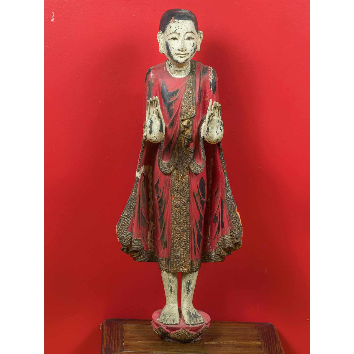 Thai Carved and Painted Wooden Monk Statue with Dispelling of Fear Gesture-2. Asian & Chinese Furniture, Art, Antiques, Vintage Home Décor for sale at FEA Home