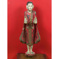 Thai Carved and Painted Wooden Monk Statue with Dispelling of Fear Gesture