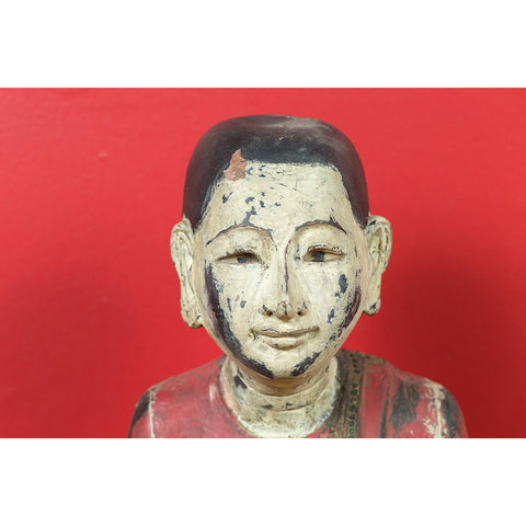 Thai Carved and Painted Wooden Monk Statue with Dispelling of Fear Gesture-YN6935-3. Asian & Chinese Furniture, Art, Antiques, Vintage Home Décor for sale at FEA Home