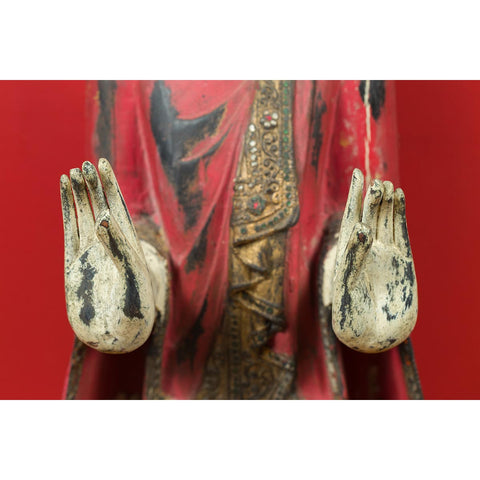 Thai Carved and Painted Wooden Monk Statue with Dispelling of Fear Gesture-YN6935-11. Asian & Chinese Furniture, Art, Antiques, Vintage Home Décor for sale at FEA Home