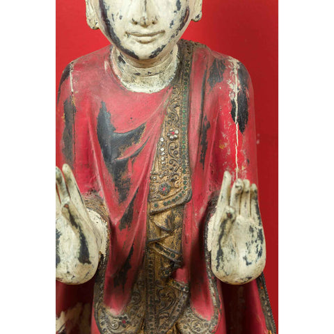 Thai Carved and Painted Wooden Monk Statue with Dispelling of Fear Gesture-YN6935-6. Asian & Chinese Furniture, Art, Antiques, Vintage Home Décor for sale at FEA Home
