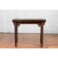 Chinese Qing Dynasty Elm Wine Table with Humpbacked Apron and Carved Spandrels