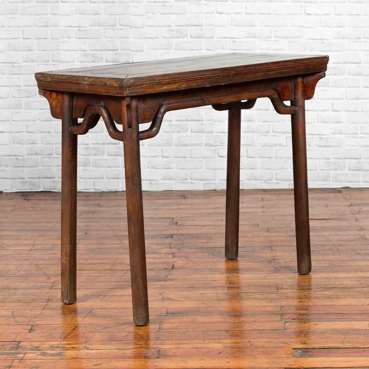 Chinese Qing Dynasty Elm Wine Table with Humpbacked Apron and Carved Spandrels-2. Asian & Chinese Furniture, Art, Antiques, Vintage Home Décor for sale at FEA Home