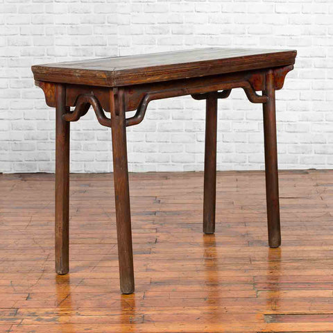Chinese Qing Dynasty Elm Wine Table with Humpbacked Apron and Carved Spandrels