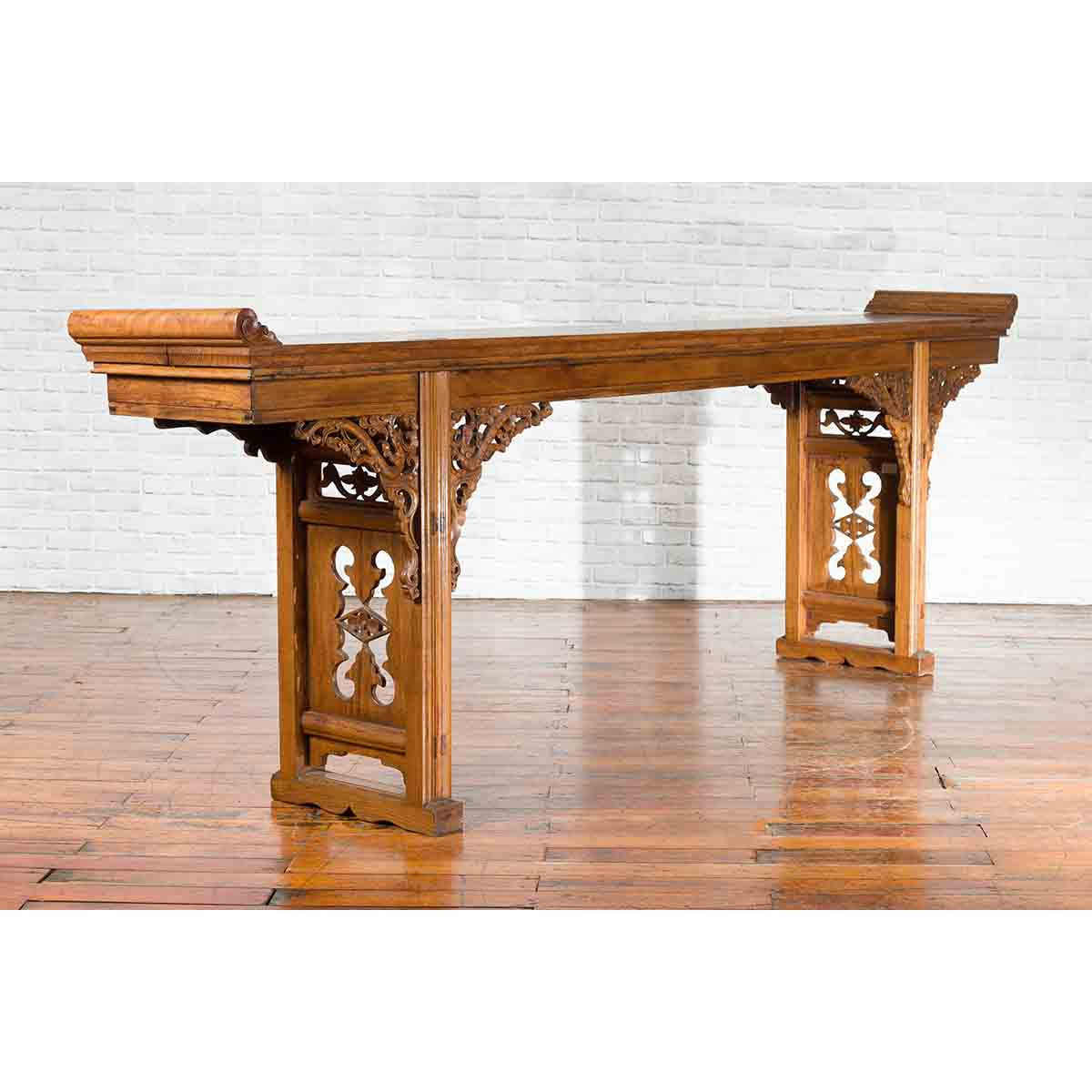 Chinese Shandong Province Early 20th Century Long Elm Altar Console Table-12. Asian &amp; Chinese Furniture, Art, Antiques, Vintage Home Décor for sale at FEA Home