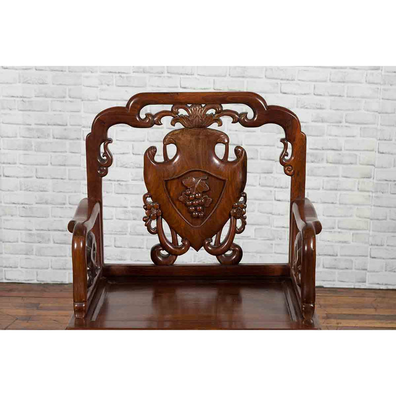 Qing Dynasty Rosewood Armchair with Carved Back & Arms