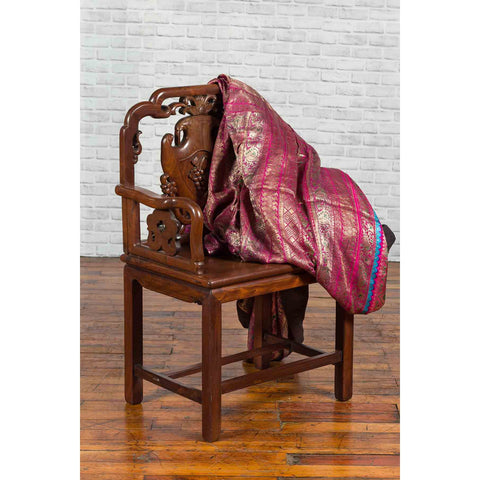 Qing Dynasty Rosewood Armchair with Carved Back & Arms