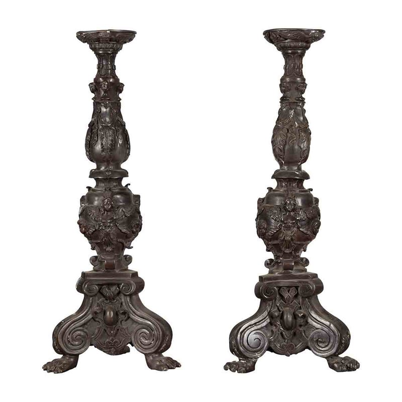 Pair of Vintage Baroque Style Cast Bronze Candlesticks with Cherub Figures- Asian Antiques, Vintage Home Decor & Chinese Furniture - FEA Home