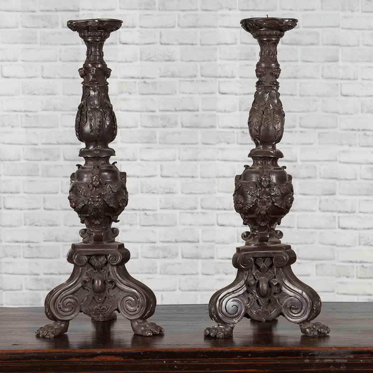Pair of Vintage Baroque Style Cast Bronze Candlesticks with Cherub Figures-2. Asian & Chinese Furniture, Art, Antiques, Vintage Home Décor for sale at FEA Home