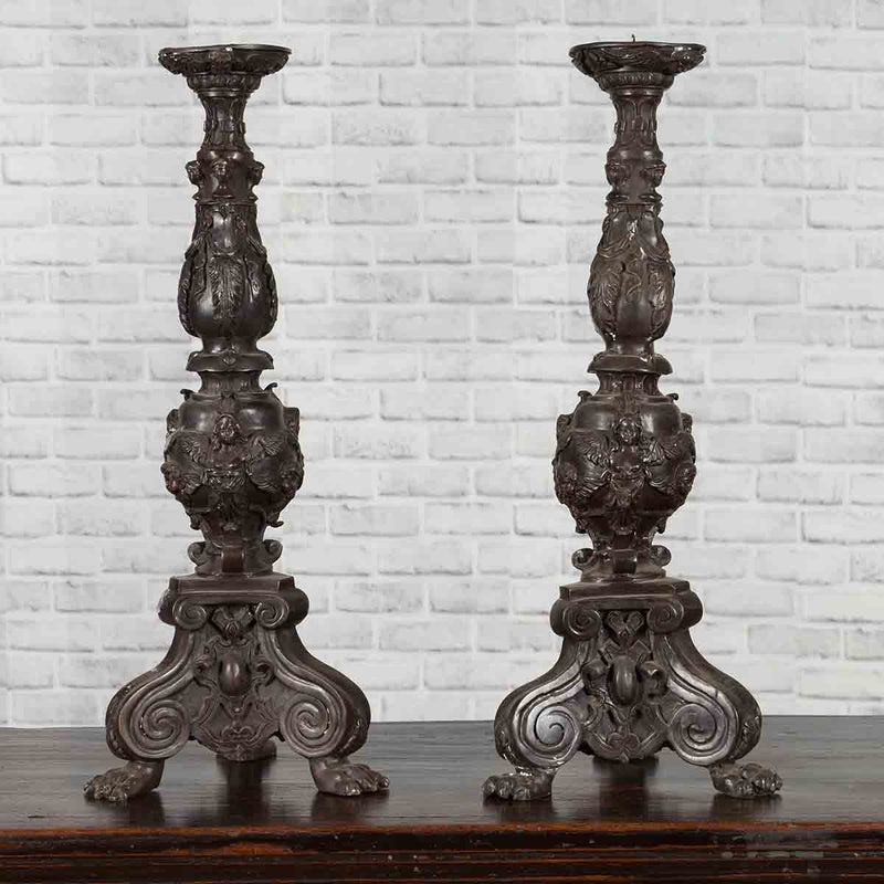 Pair of Vintage Baroque Style Cast Bronze Candlesticks with Cherub Figures
