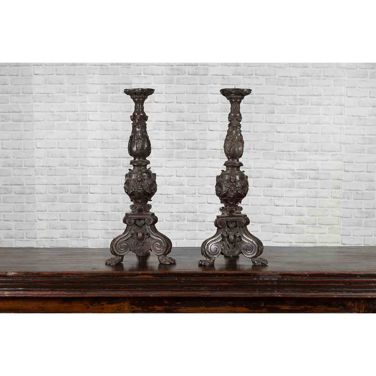 Pair of Vintage Baroque Style Cast Bronze Candlesticks with Cherub Figures-4. Asian &amp; Chinese Furniture, Art, Antiques, Vintage Home Décor for sale at FEA Home