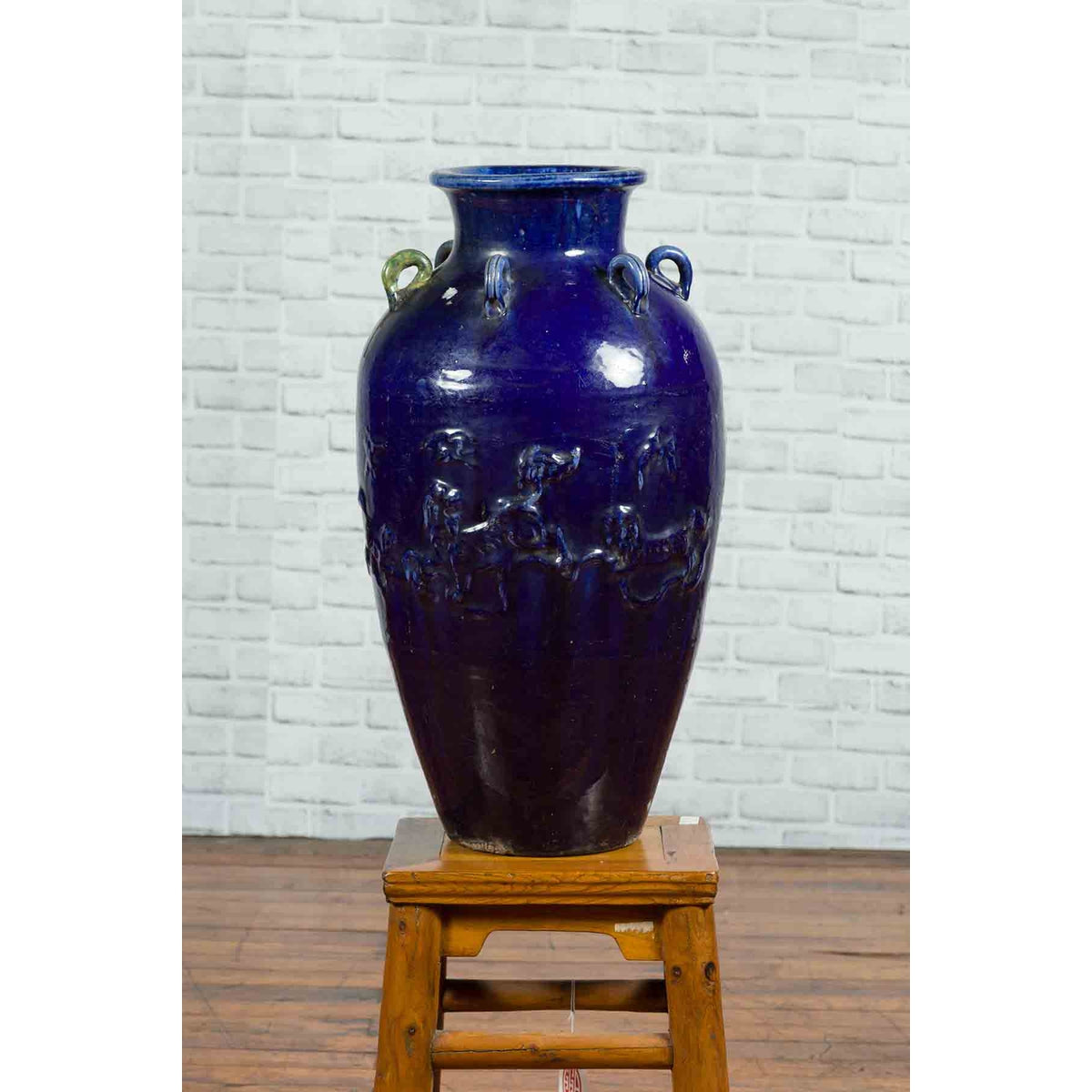 Large Antique Early 20th Century Vietnamese Blue Martaban Jar with Raised Motifs-11. Asian &amp; Chinese Furniture, Art, Antiques, Vintage Home Décor for sale at FEA Home