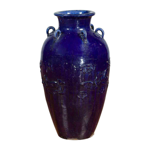 Large Antique Early 20th Century Vietnamese Blue Martaban Jar with Raised Motifs- Asian Antiques, Vintage Home Decor & Chinese Furniture - FEA Home