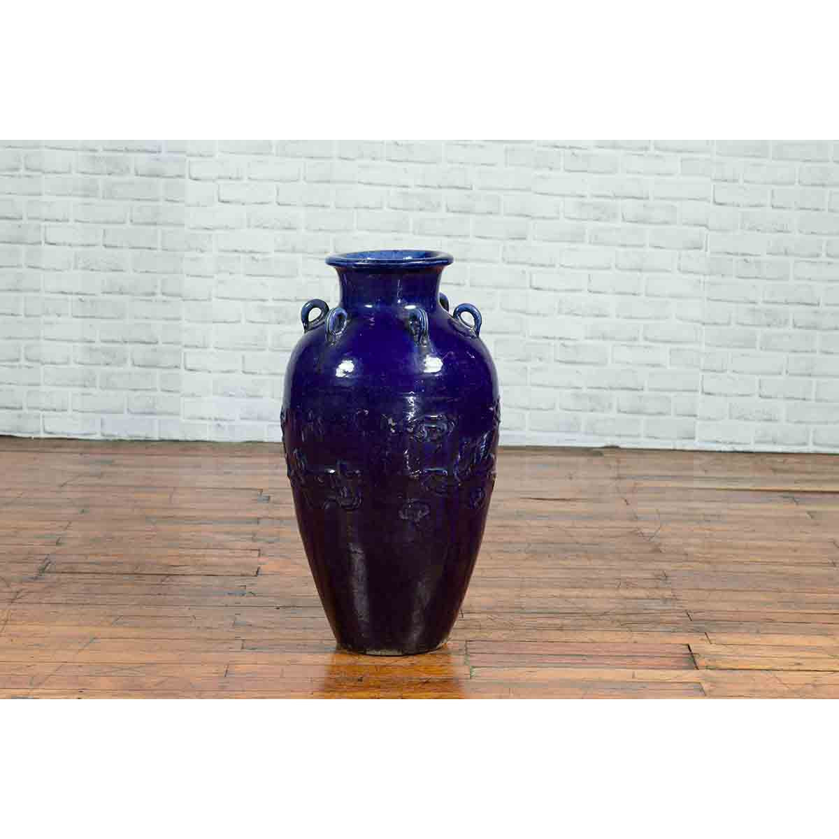 Large Antique Early 20th Century Vietnamese Blue Martaban Jar with Raised Motifs-4. Asian &amp; Chinese Furniture, Art, Antiques, Vintage Home Décor for sale at FEA Home