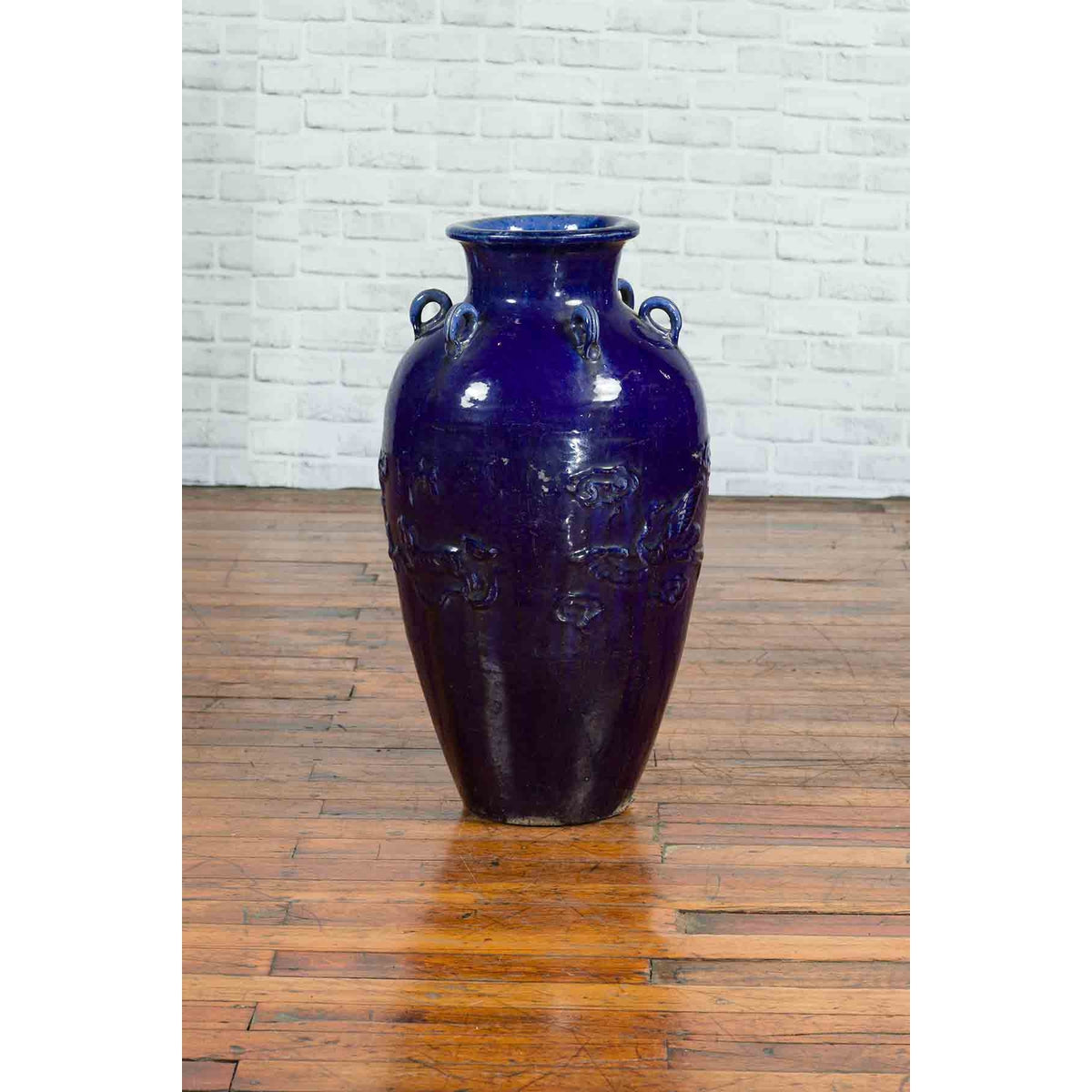 Large Antique Early 20th Century Vietnamese Blue Martaban Jar with Raised Motifs-5. Asian &amp; Chinese Furniture, Art, Antiques, Vintage Home Décor for sale at FEA Home