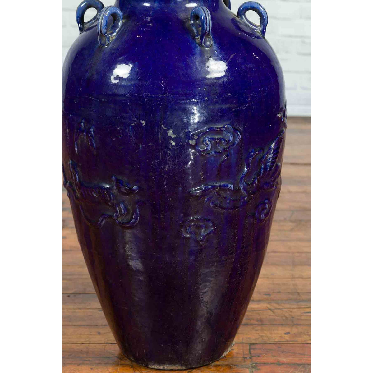 Large Antique Early 20th Century Vietnamese Blue Martaban Jar with Raised Motifs-7. Asian &amp; Chinese Furniture, Art, Antiques, Vintage Home Décor for sale at FEA Home