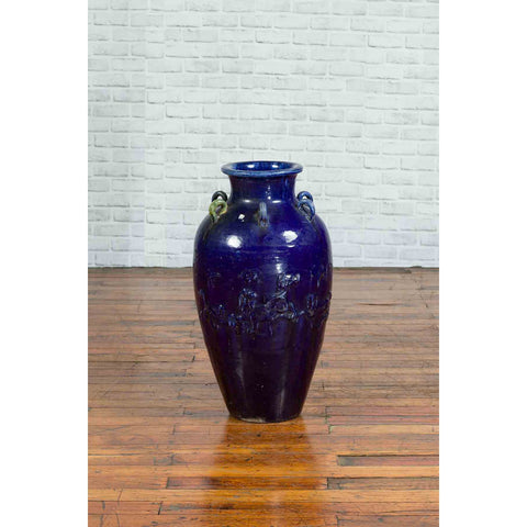 Large Antique Early 20th Century Vietnamese Blue Martaban Jar with Raised Motifs