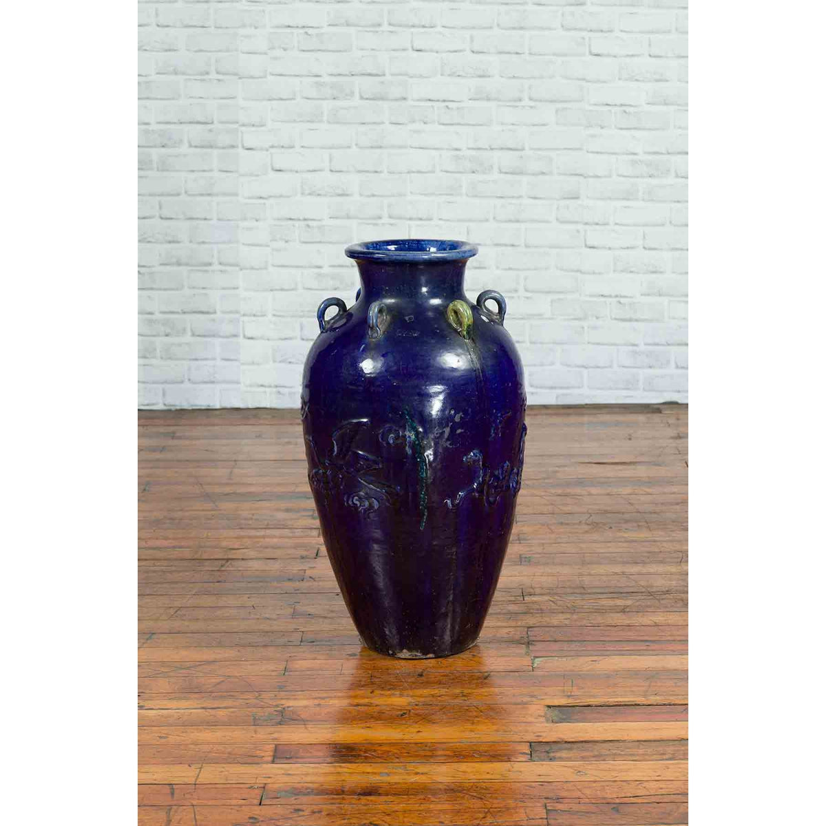 Large Antique Early 20th Century Vietnamese Blue Martaban Jar with Raised Motifs-9. Asian &amp; Chinese Furniture, Art, Antiques, Vintage Home Décor for sale at FEA Home