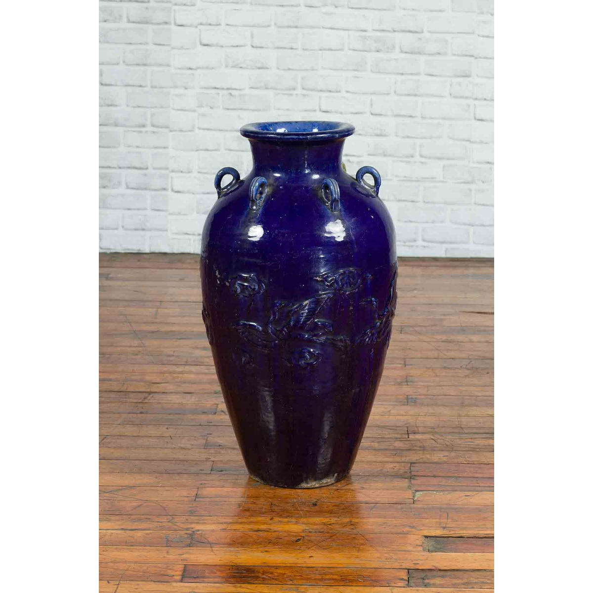 Large Antique Early 20th Century Vietnamese Blue Martaban Jar with Raised Motifs-10. Asian &amp; Chinese Furniture, Art, Antiques, Vintage Home Décor for sale at FEA Home
