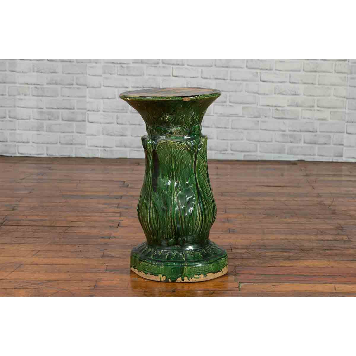 Antique Vietnamese Green Glazed Pedestal with Foliage Design and Diamond Motifs-3. Asian &amp; Chinese Furniture, Art, Antiques, Vintage Home Décor for sale at FEA Home