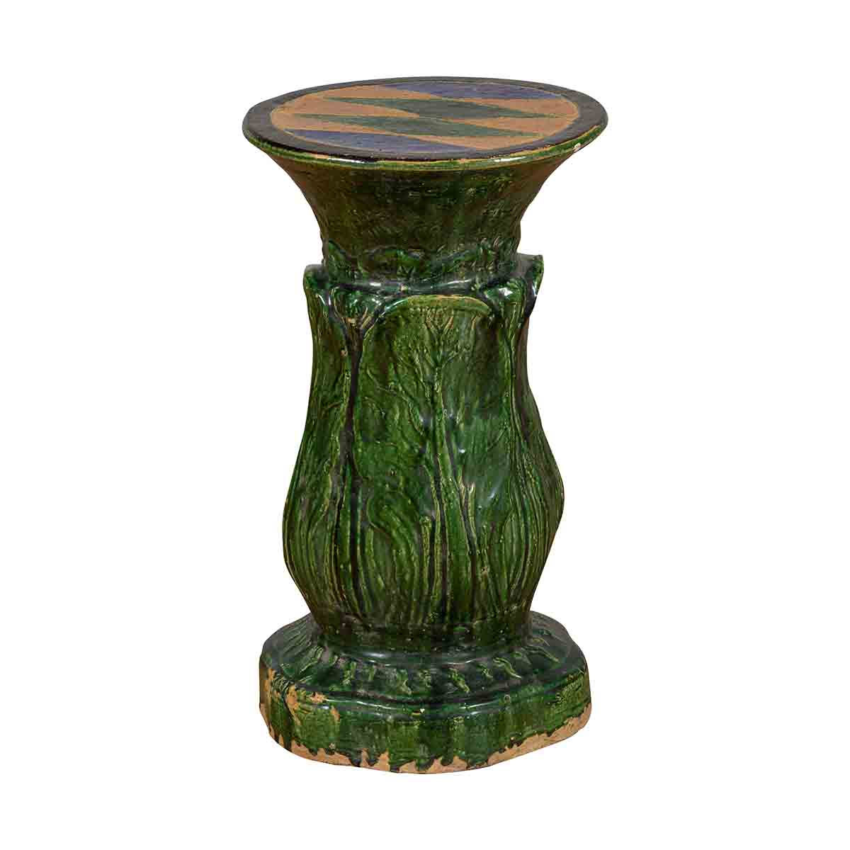 Antique Vietnamese Green Glazed Pedestal with Foliage Design and Diamond Motifs-1. Asian & Chinese Furniture, Art, Antiques, Vintage Home Décor for sale at FEA Home