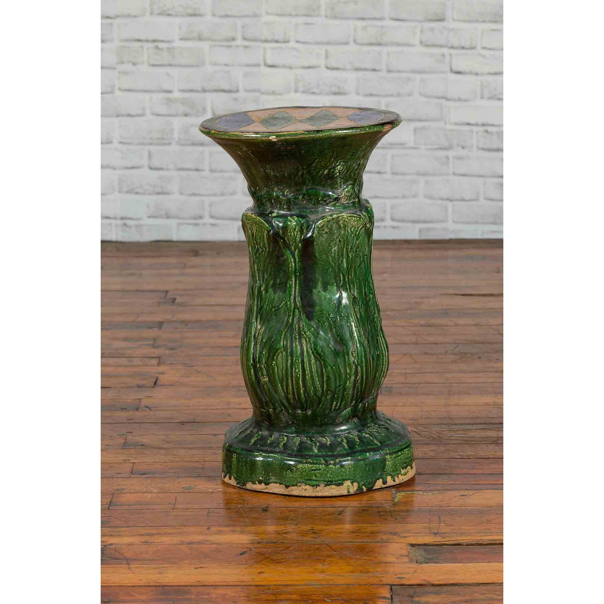 Antique Vietnamese Green Glazed Pedestal with Foliage Design and Diamond Motifs-9. Asian &amp; Chinese Furniture, Art, Antiques, Vintage Home Décor for sale at FEA Home