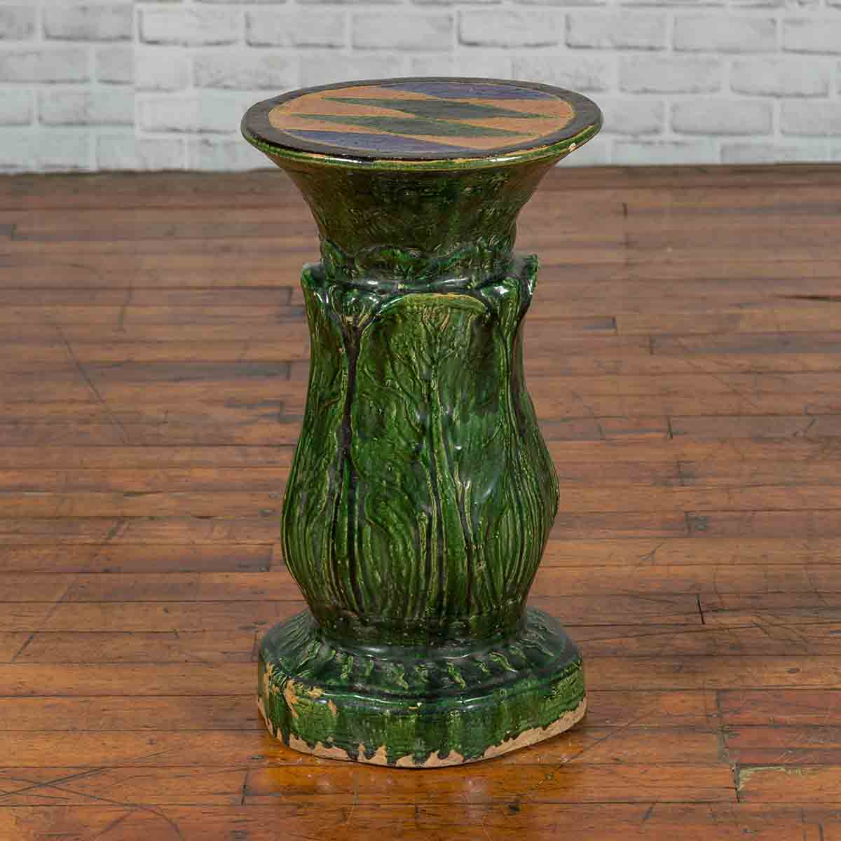 Antique Vietnamese Green Glazed Pedestal with Foliage Design and Diamond Motifs-2. Asian & Chinese Furniture, Art, Antiques, Vintage Home Décor for sale at FEA Home