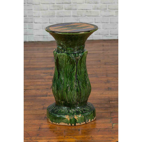 Antique Vietnamese Green Glazed Pedestal with Foliage Design and Diamond Motifs