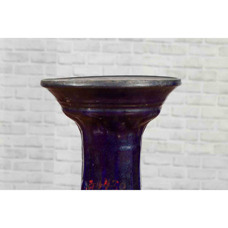 Chinese Antique Dark Blue Glazed Pedestal Stand with Raised Motifs-YN6975-4. Asian & Chinese Furniture, Art, Antiques, Vintage Home Décor for sale at FEA Home