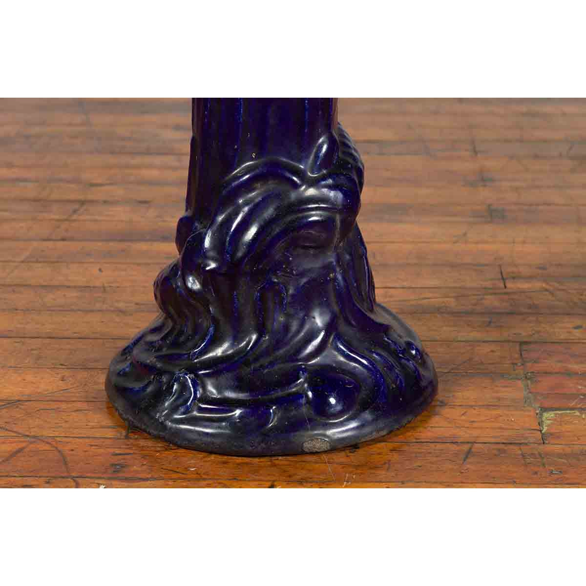 Chinese Antique Dark Blue Glazed Pedestal Stand with Raised Motifs-5. Asian &amp; Chinese Furniture, Art, Antiques, Vintage Home Décor for sale at FEA Home