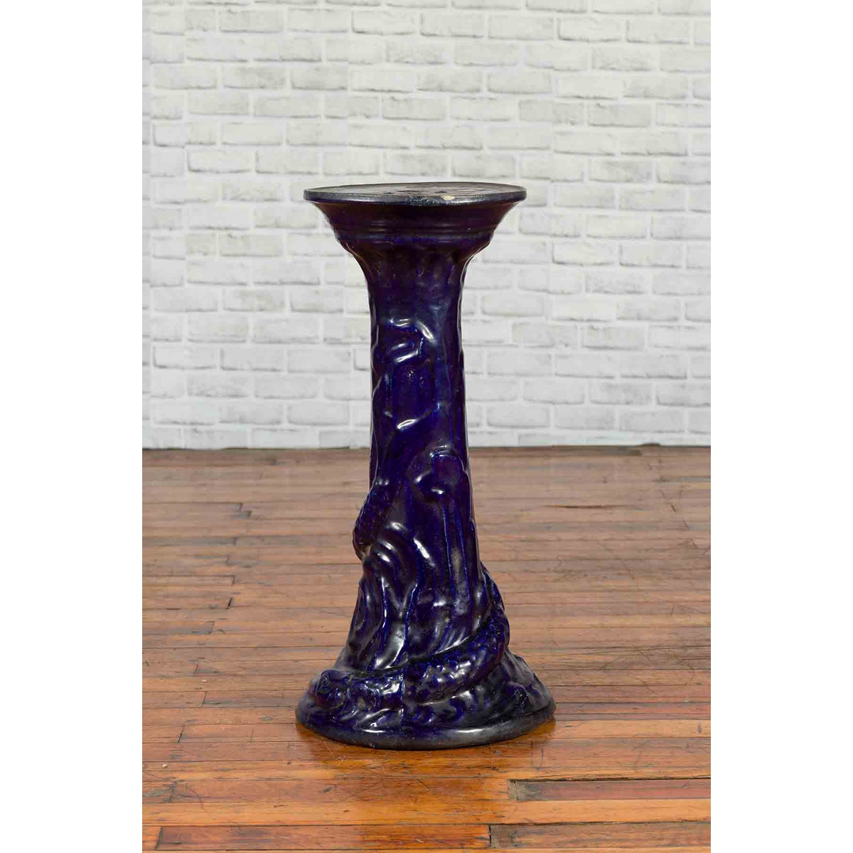 Chinese Antique Dark Blue Glazed Pedestal Stand with Raised Motifs-8. Asian &amp; Chinese Furniture, Art, Antiques, Vintage Home Décor for sale at FEA Home