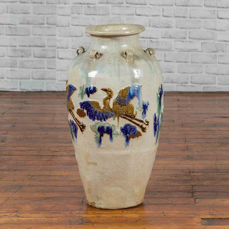19th Century Martaban Vase with Blue, Green and Brown Bird Motifs and Loops-YN6977-2. Asian & Chinese Furniture, Art, Antiques, Vintage Home Décor for sale at FEA Home