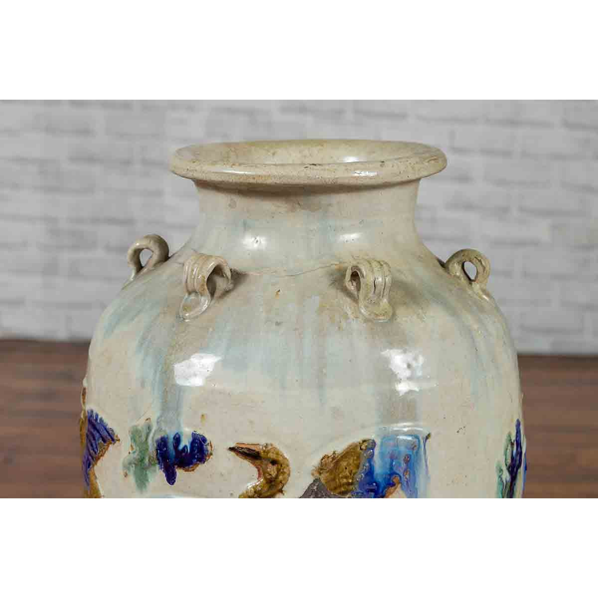 19th Century Martaban Vase with Blue, Green and Brown Bird Motifs and Loops-6. Asian &amp; Chinese Furniture, Art, Antiques, Vintage Home Décor for sale at FEA Home