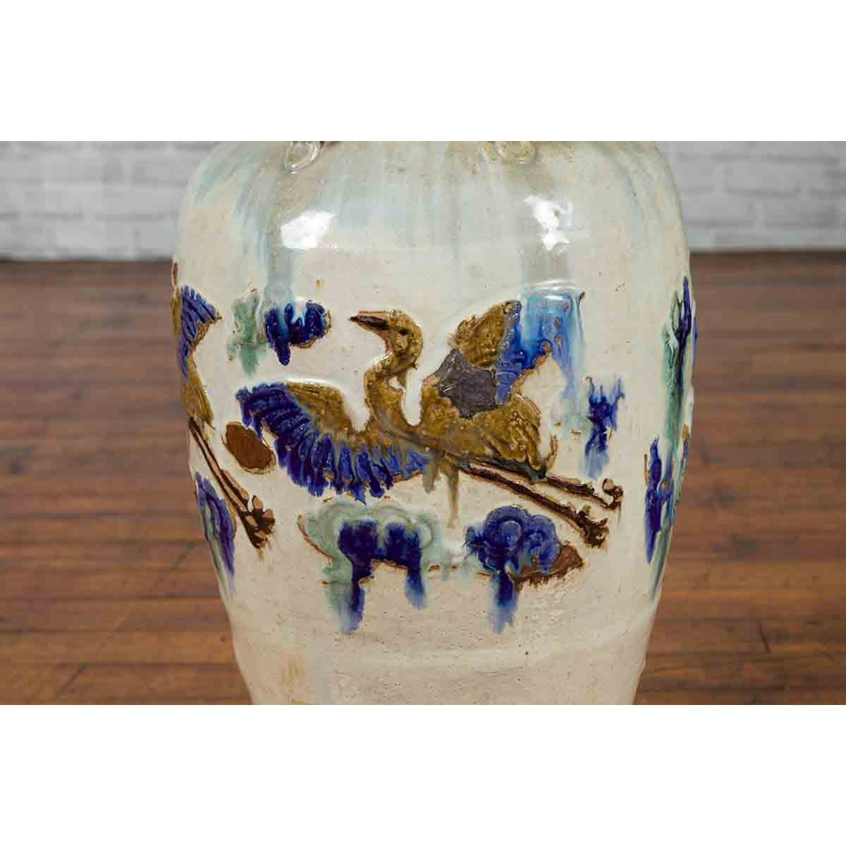 19th Century Martaban Vase with Blue, Green and Brown Bird Motifs and Loops-7. Asian &amp; Chinese Furniture, Art, Antiques, Vintage Home Décor for sale at FEA Home