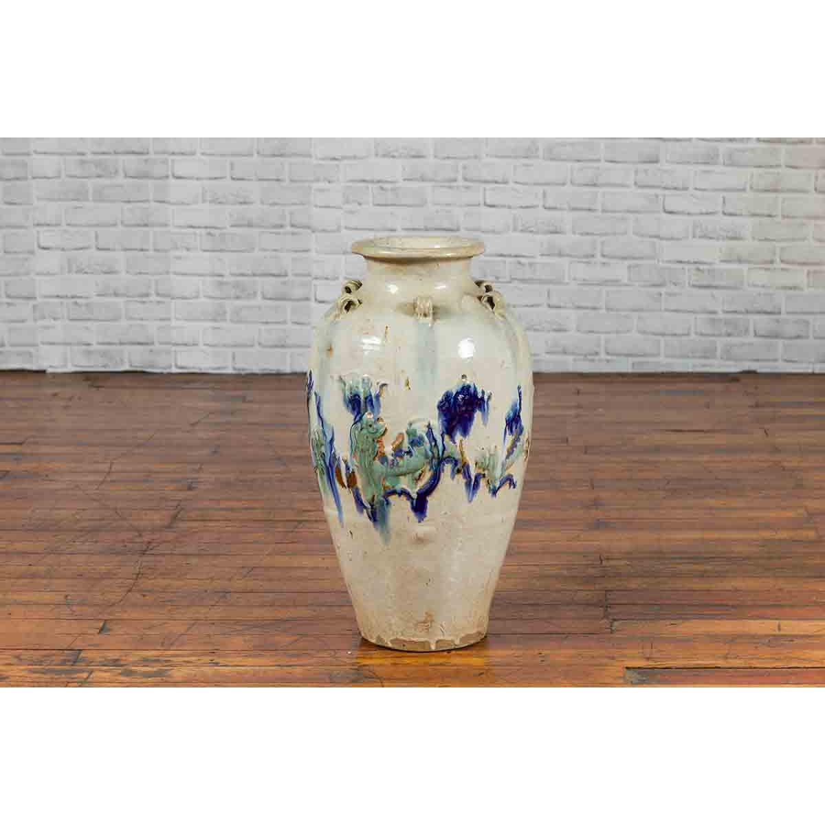 19th Century Martaban Vase with Blue, Green and Brown Bird Motifs and Loops-9. Asian &amp; Chinese Furniture, Art, Antiques, Vintage Home Décor for sale at FEA Home