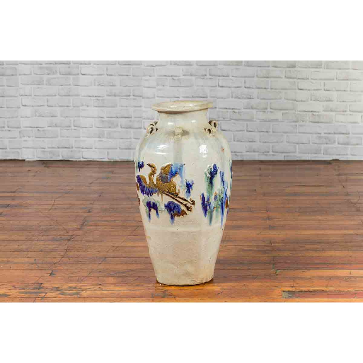 19th Century Martaban Vase with Blue, Green and Brown Bird Motifs and Loops-10. Asian &amp; Chinese Furniture, Art, Antiques, Vintage Home Décor for sale at FEA Home
