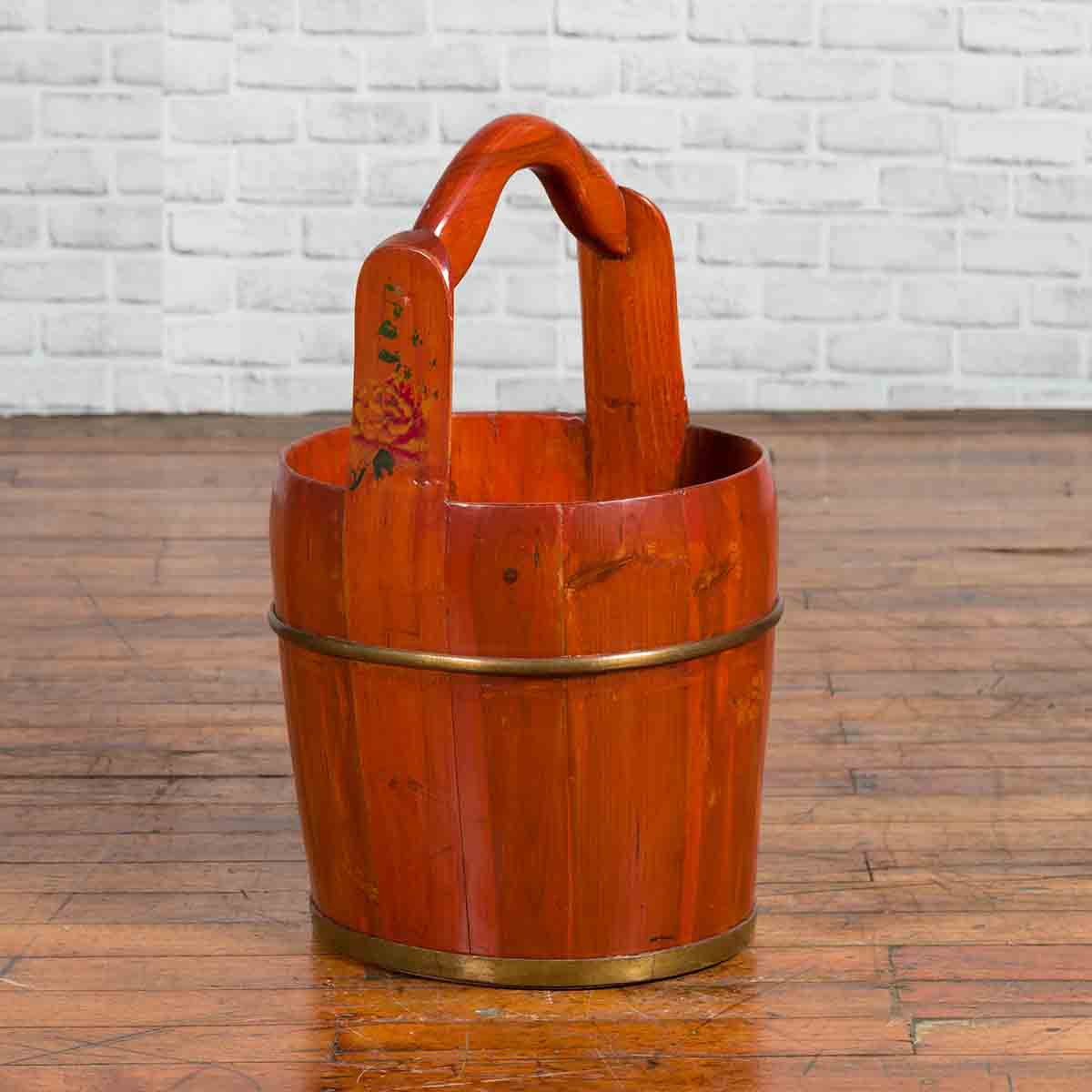 Chinese Rustic Wooden Bucket with Large Handle and Painted Floral Motifs-2. Asian & Chinese Furniture, Art, Antiques, Vintage Home Décor for sale at FEA Home