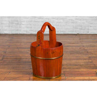 Chinese Rustic Wooden Bucket with Large Handle and Painted Floral Motifs