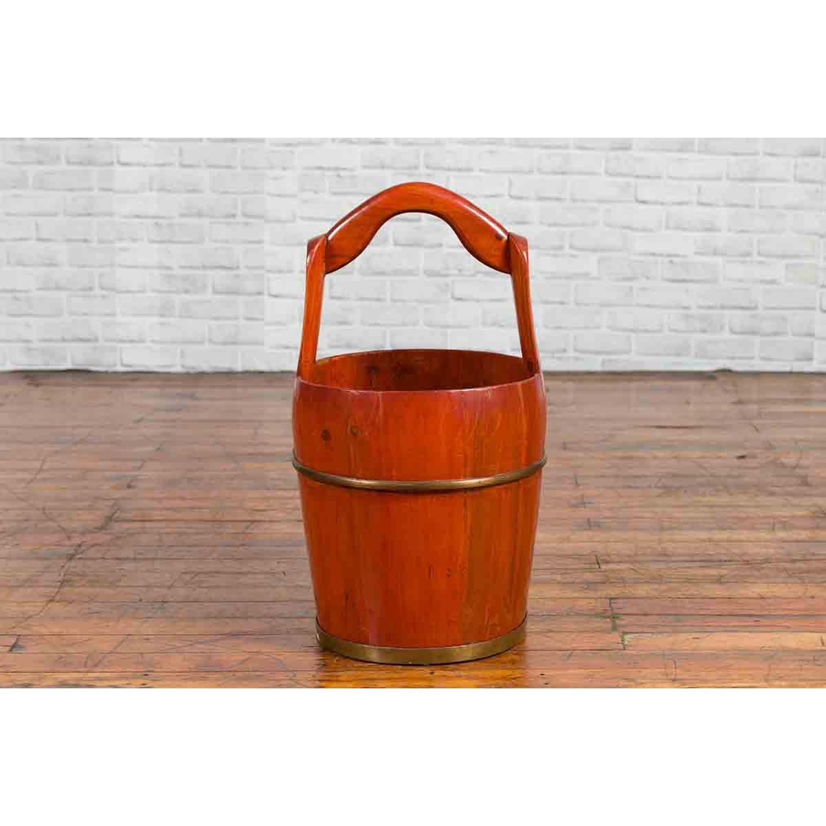 Chinese Rustic Wooden Bucket with Large Handle and Painted Floral Motifs-9. Asian &amp; Chinese Furniture, Art, Antiques, Vintage Home Décor for sale at FEA Home