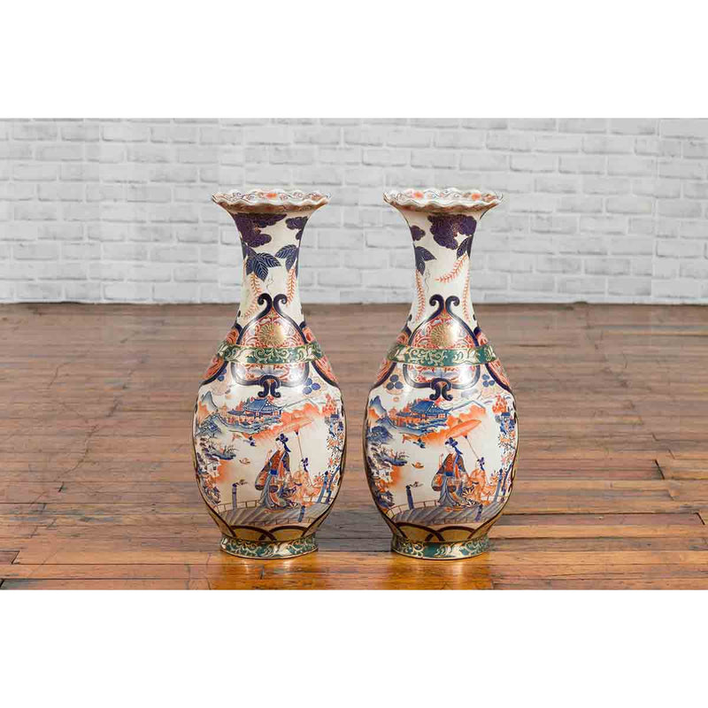 Pair of Chinese Arita Style Palace Vases with Blue, Orange, Green and Gold Decor