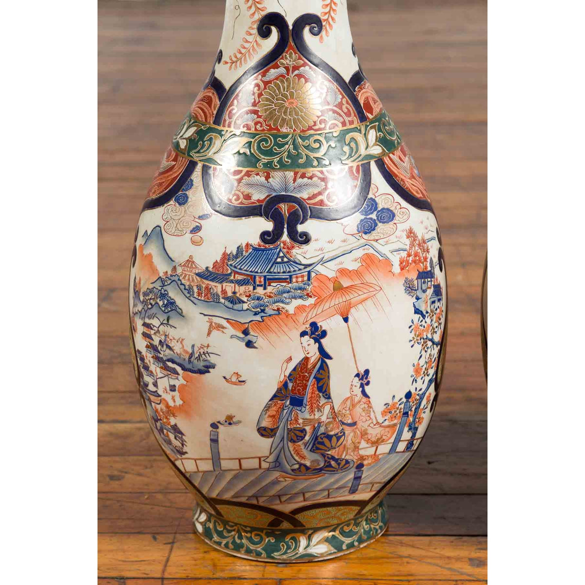 Pair of Chinese Arita Style Palace Vases with Blue, Orange, Green and Gold Decor-8. Asian &amp; Chinese Furniture, Art, Antiques, Vintage Home Décor for sale at FEA Home