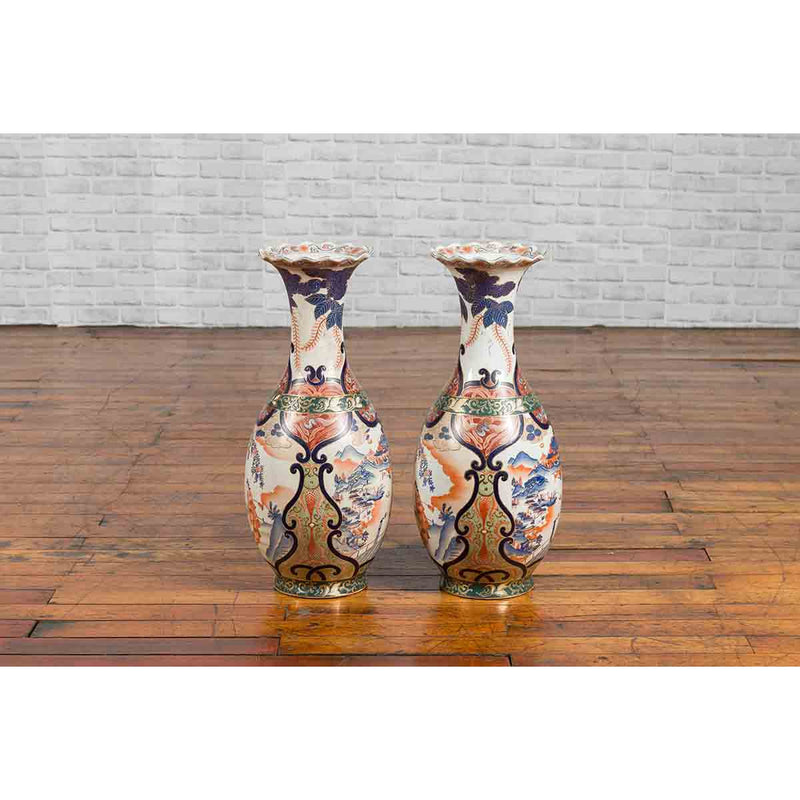 Pair of Chinese Arita Style Palace Vases with Blue, Orange, Green and Gold Decor-YN6984-11. Asian & Chinese Furniture, Art, Antiques, Vintage Home Décor for sale at FEA Home