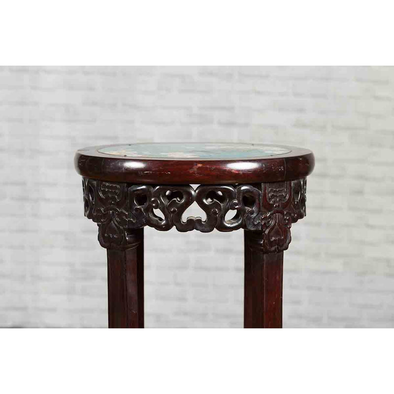 Antique Chinese Carved Round Stand with Painted Floral and Bird Décor
