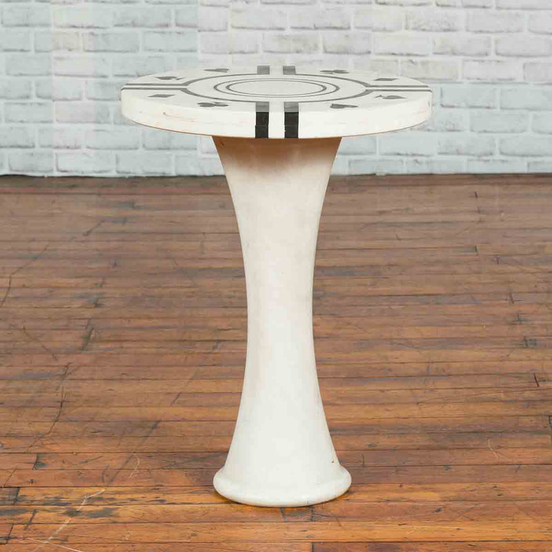 White Marble Side Table with Poker Design Round Top and Pedestal Hourglass Base-YN6986-2. Asian & Chinese Furniture, Art, Antiques, Vintage Home Décor for sale at FEA Home